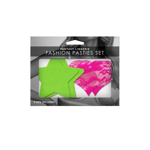 Set caches-tétons étoile vert fluo et cur rose fluo 2